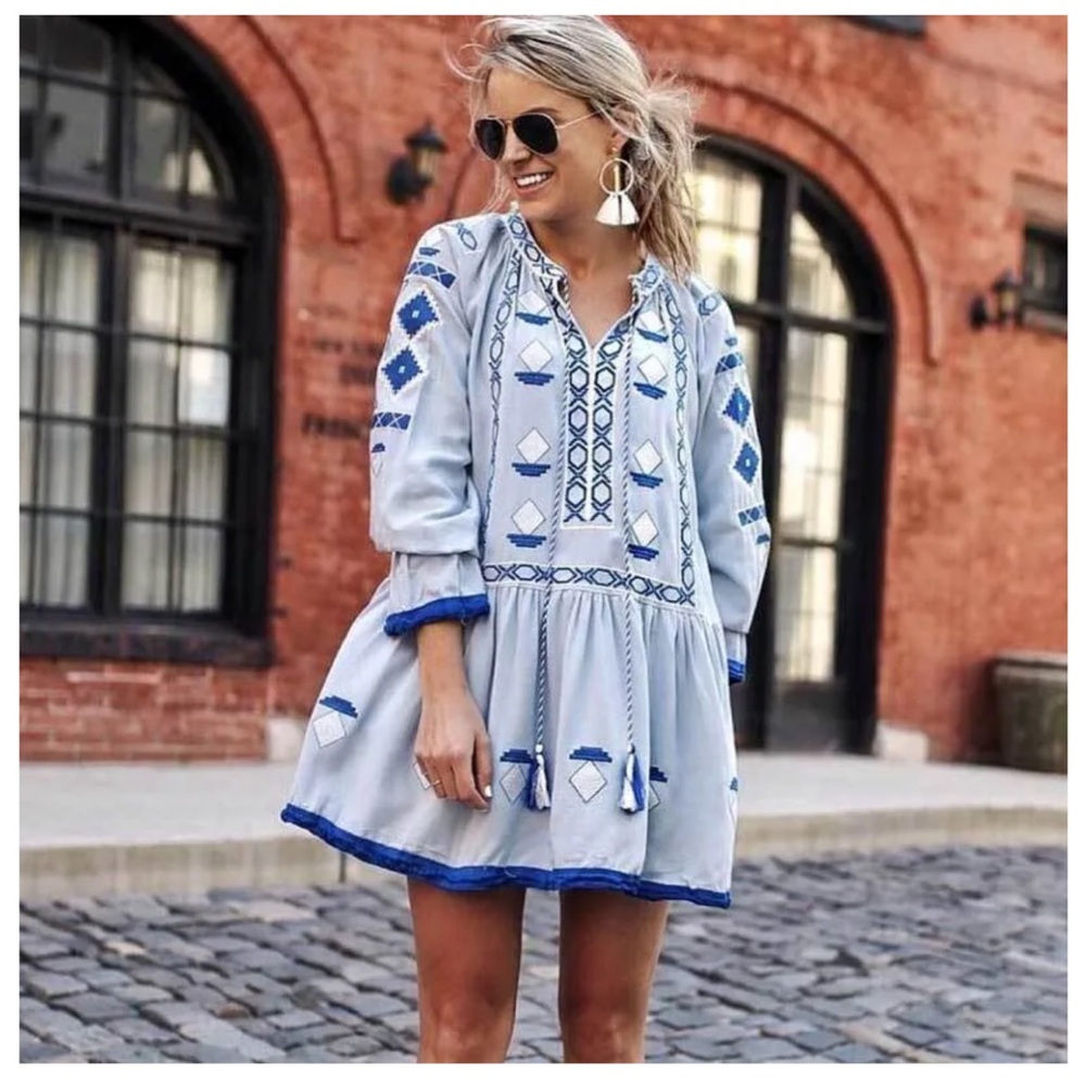Boho Embroidered Blue Tunic Dress